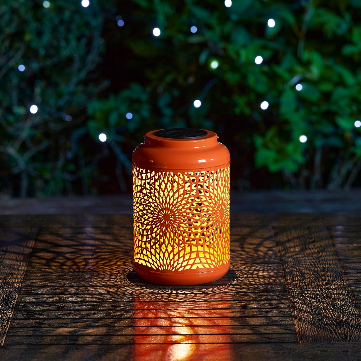 Solar Lantern Coral Pink Metal Cutout Scrollwork Outdoor Hanging Solar Light Solar Lantern Coral Pink Metal Cutout Scrollwork Outdoor Hanging Solar Light